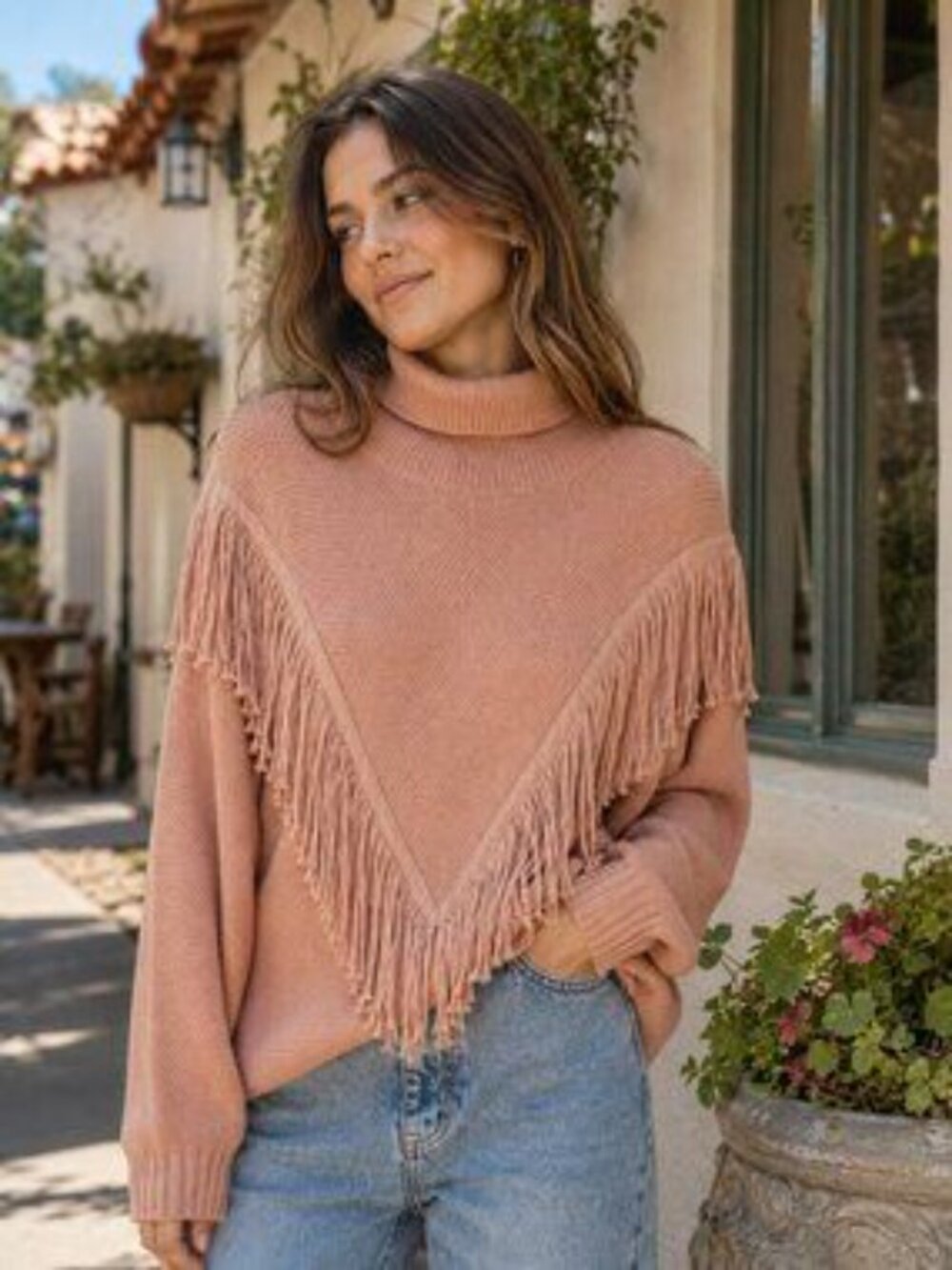 Miss Sparkling Fringe Turtleneck Sweater Western Boho Pullover Statement Knit